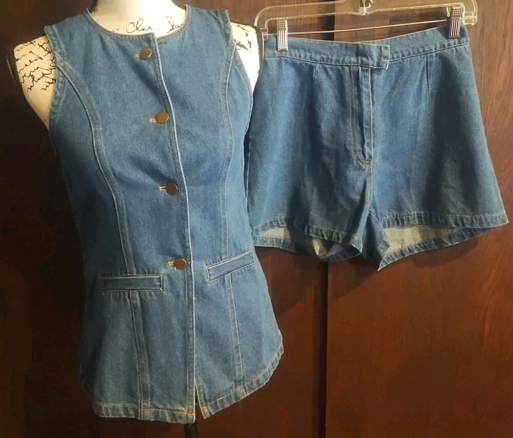 Women's Small Denim Jean Shorts Set High Waist Casual Outfit Sleeveless Top